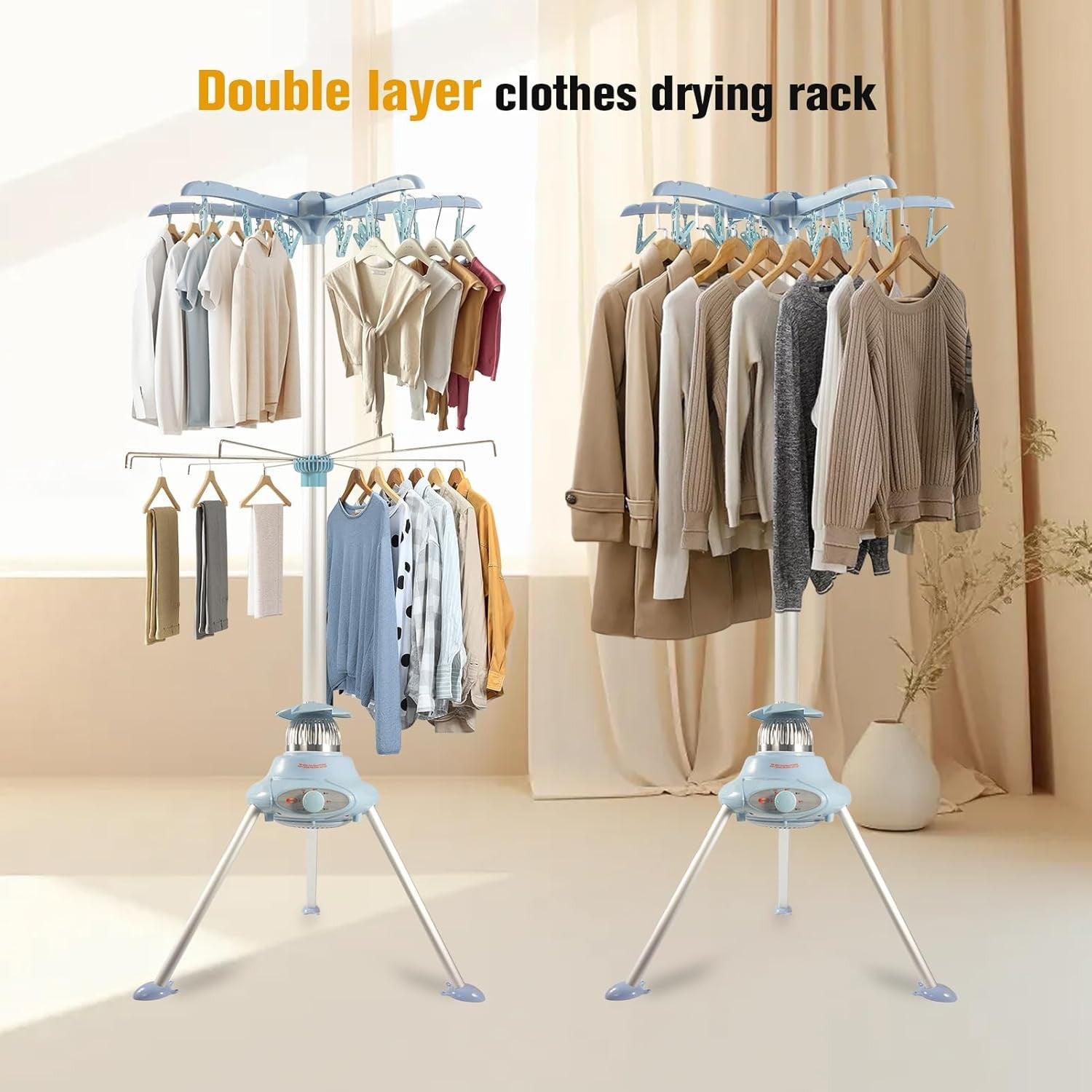 Heated Clothes Dryer 1000W 2 Tier Portable Drying Rack with Cover Timer