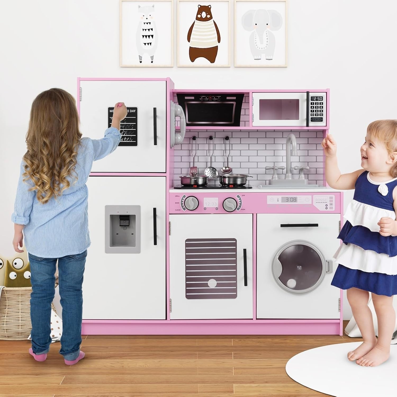 Kids Wooden Play Kitchen Lights Sounds Washing Machine Pink Toy