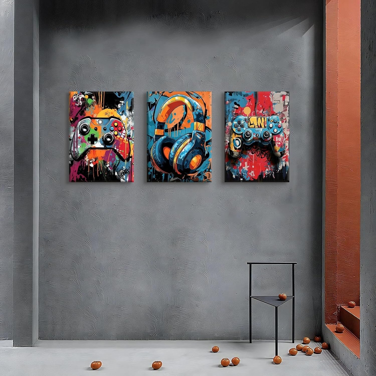 Gaming Canvas Wall Art Set 3 Framed 30x40cm Graffiti Gamepad