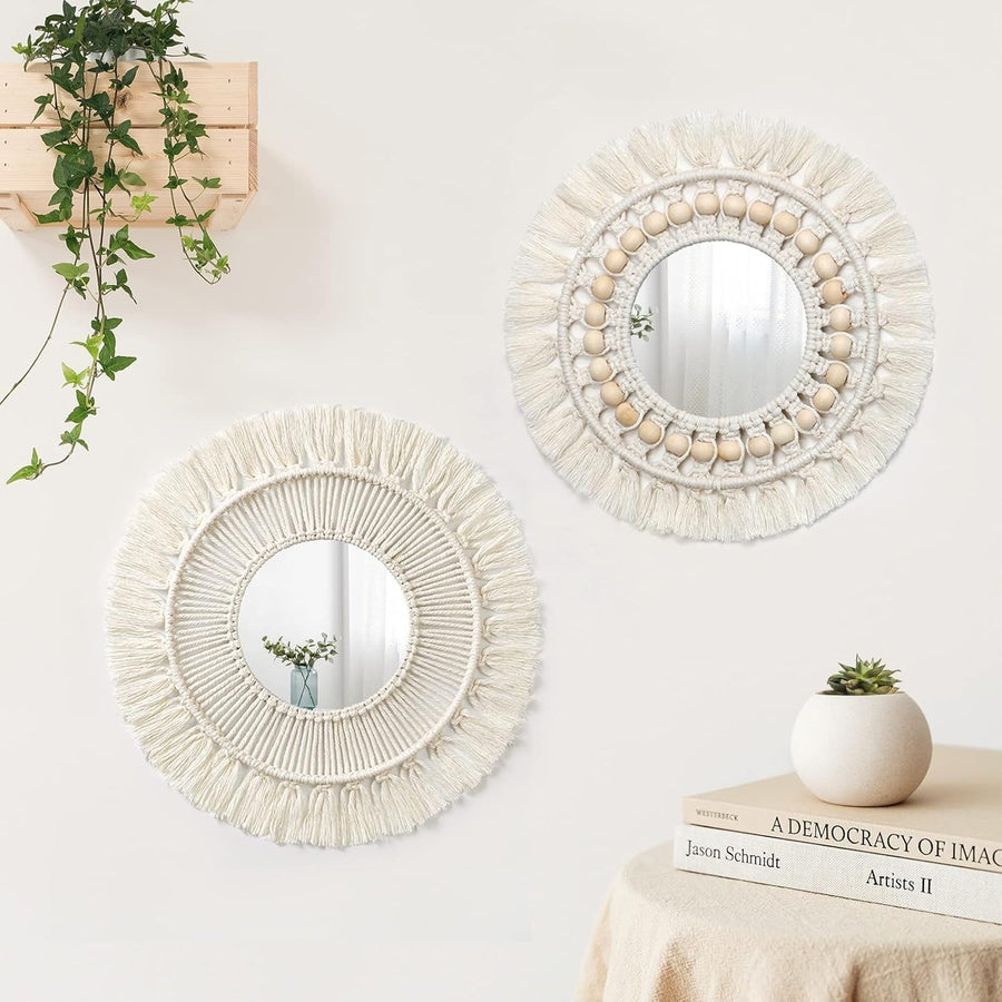 Round Boho Macrame Wall Mirror 36cm Fringe Bedroom Decor
