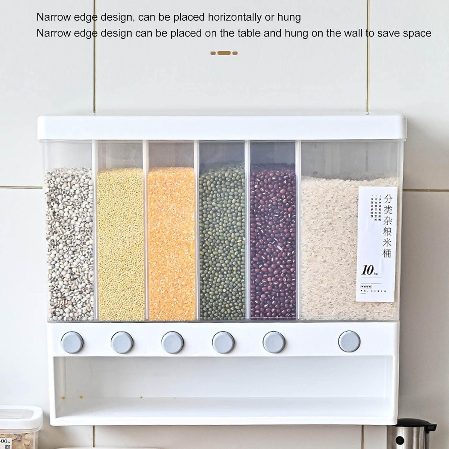 10L Wall Mounted Rice Dispenser 6 Grid Airtight Grain Storage Bin