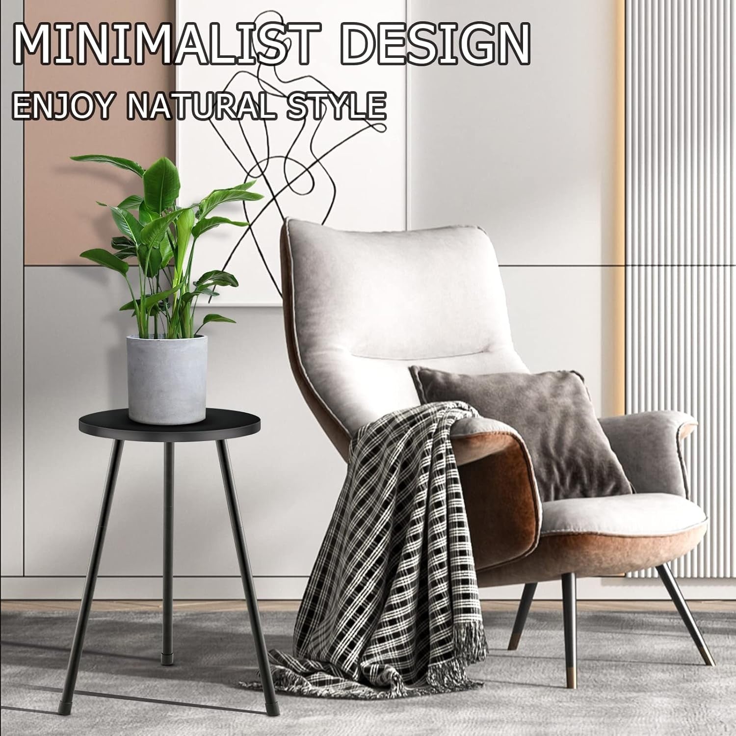 Tall Black Metal Plant Stand Indoor Round Wood Table for Flower Pots Modern Deco