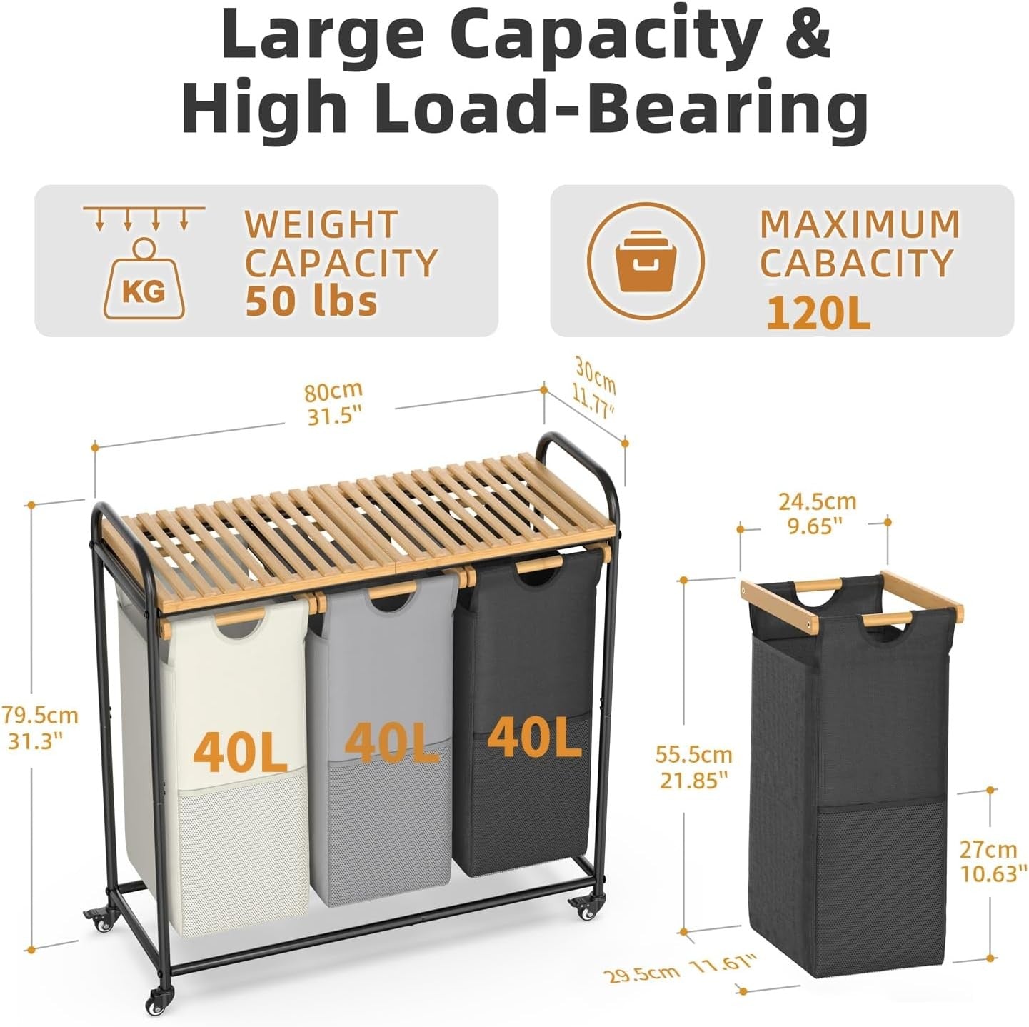 3-Section Laundry Sorter with Bamboo Shelf & Pull-Out Bags on Wheels – 3×40L