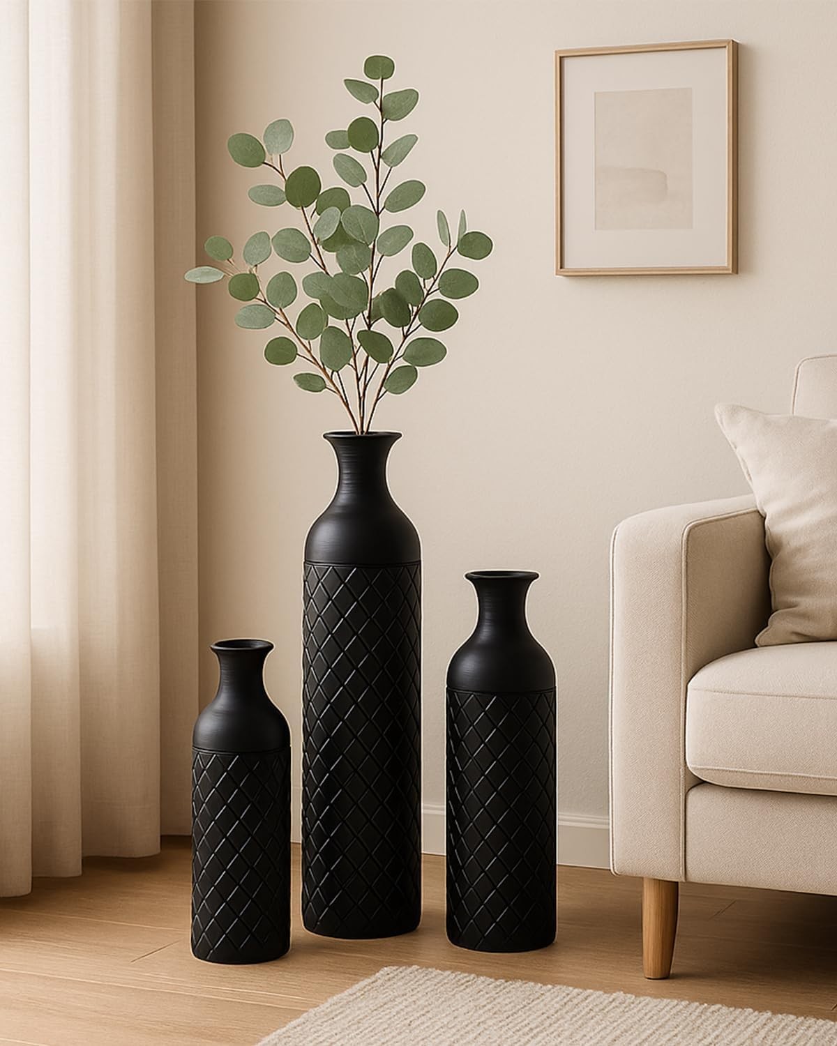 Tall Black Metal Floor Vases Set of 3 Modern Standing Home Decor