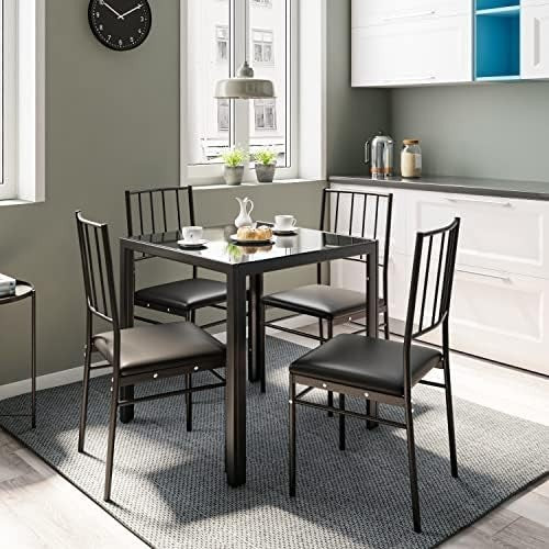 75cm Square Glass Dining Table Black Tempered Metal Frame Kitchen Table