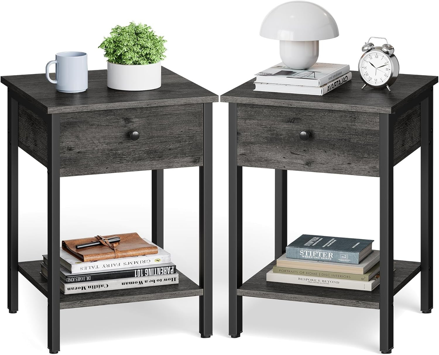Set of 2 Grey Bedside Tables with Drawer & Shelf, Modern Storage Nightstands