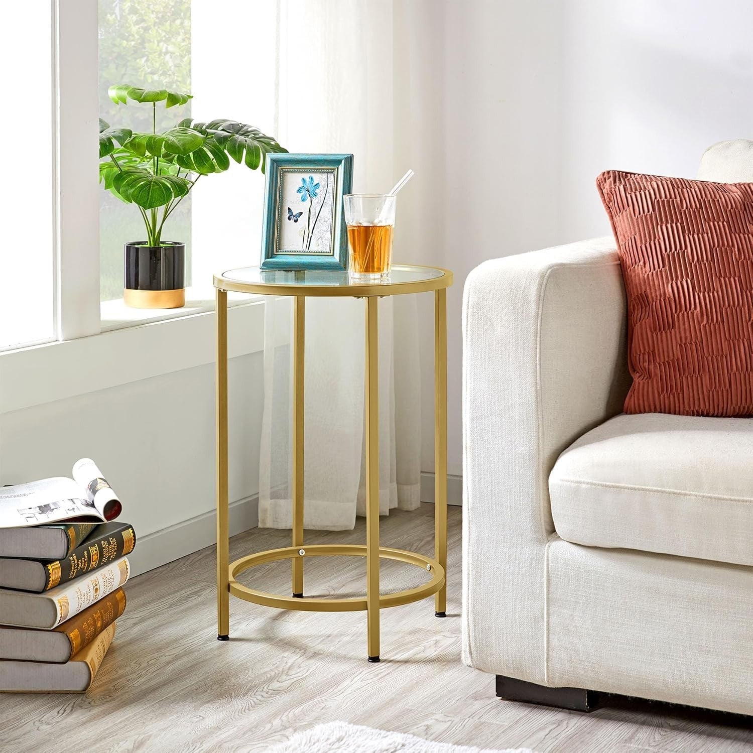 Round Tempered Glass Side Table with Metal Frame, 40.5cm Top, Durable & Stylish