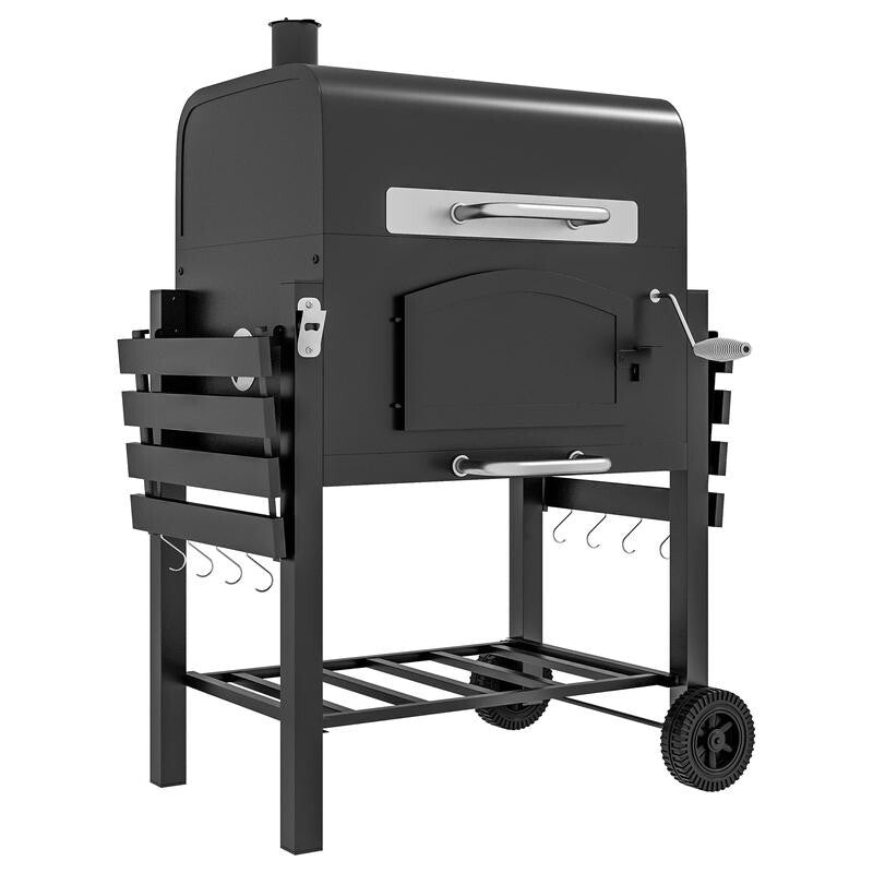 3-in-1 Charcoal BBQ Smoker Grill Trolley with Shelves, Crank & Wheels