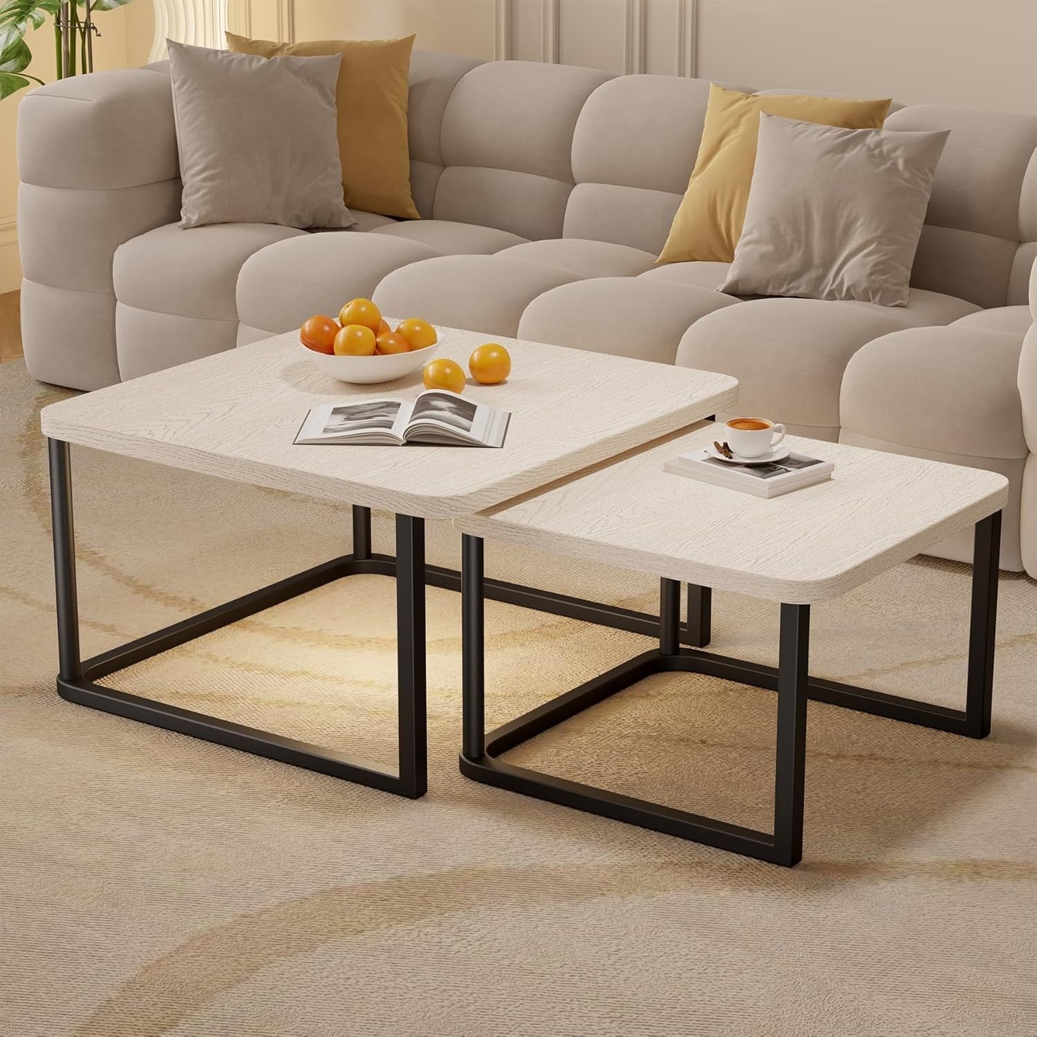 Square Nesting Coffee Table Set of 2, White Side Tables, Storage Shelf