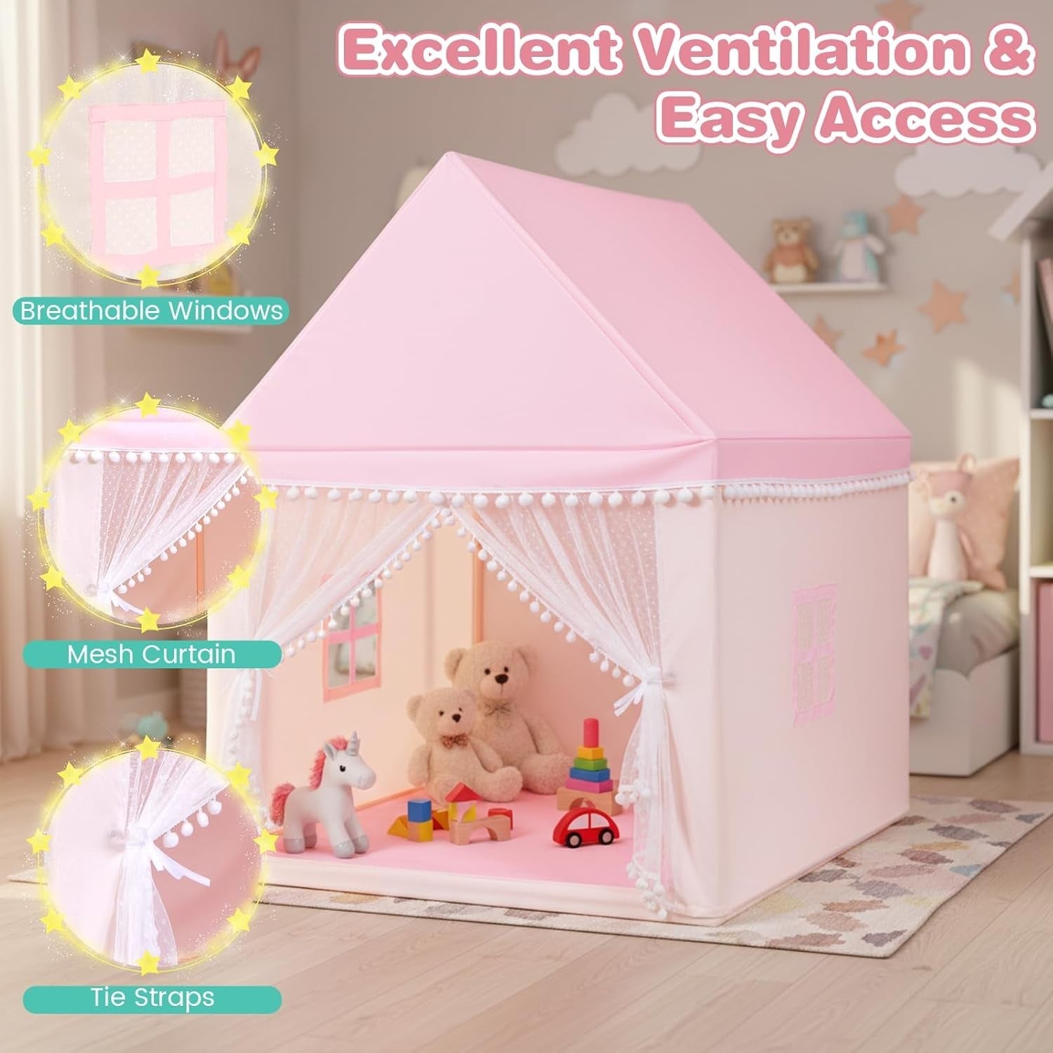 Pink Wooden Kids Play Tent Indoor Outdoor Fairy Playhouse w Mat