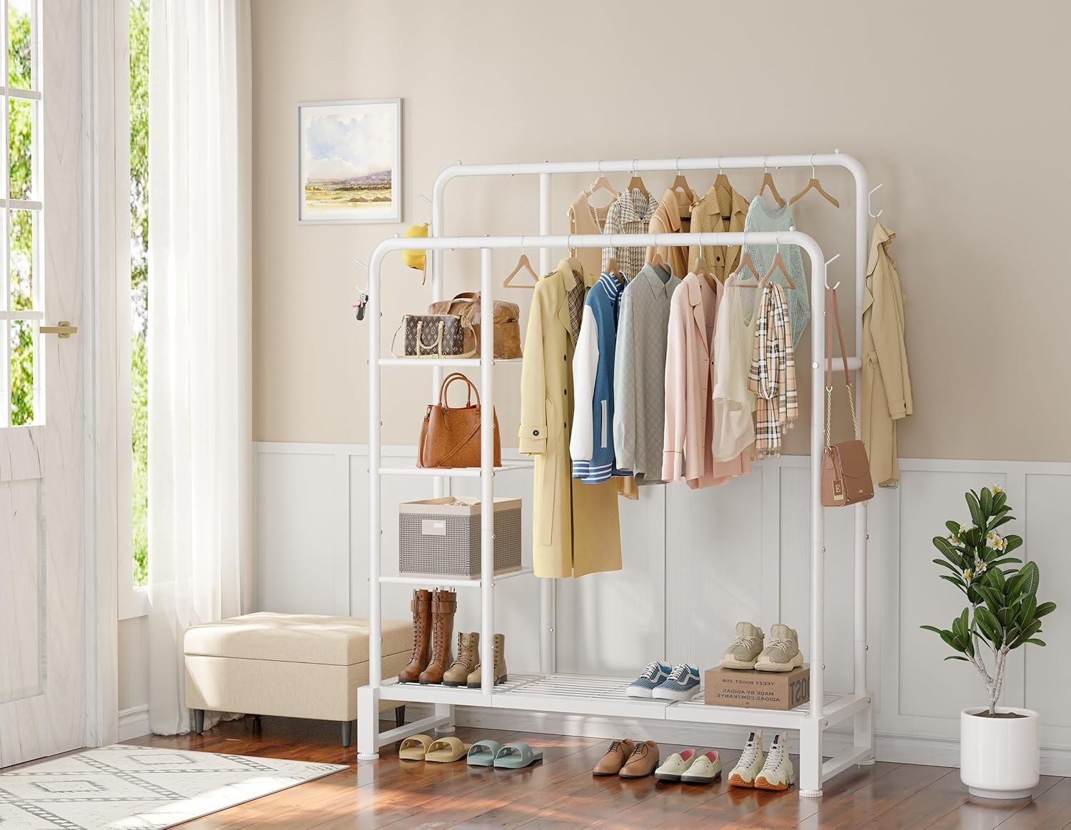Double Clothes Rail 80KG Rack With Shelves & Hooks White