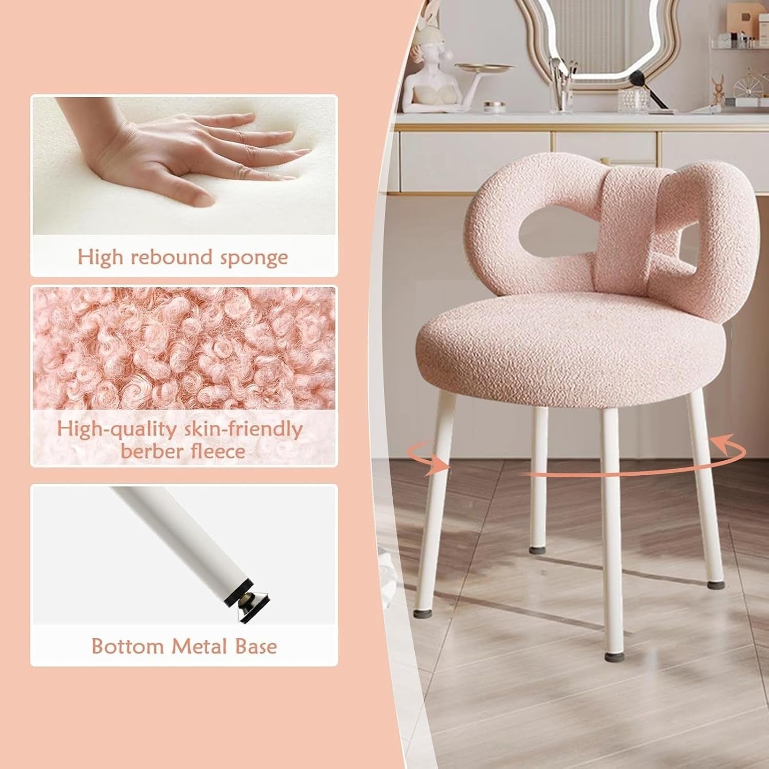 White Bowknot Vanity Chair Faux Wool Makeup Stool Adjustable Feet Modern
