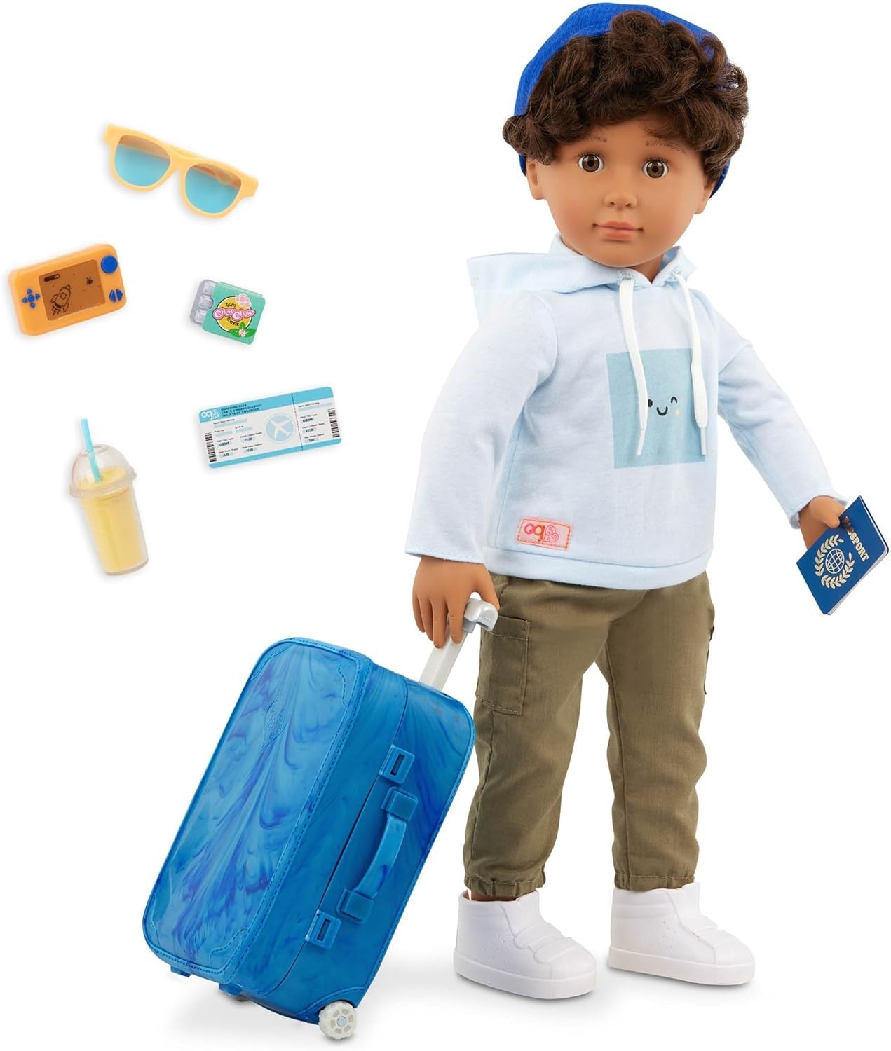 18-Inch Boy Doll Hazel Eyes Curly Hair Rolling Luggage Travel Set