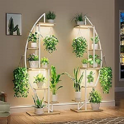 6 Tier Half Moon Metal Plant Stand with Grow Lights Indoor Outdoor Shelf White
