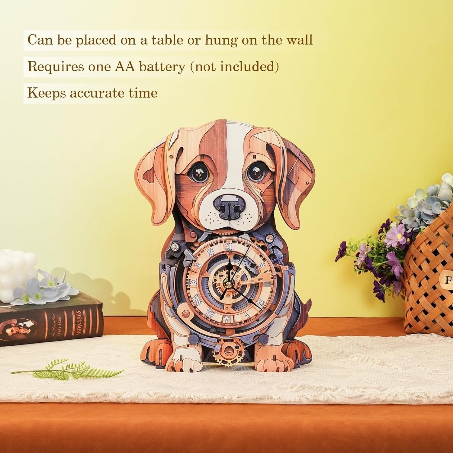 3D Wooden Beagle Dog Puzzle Wall Clock with Pendulum, DIY Gift