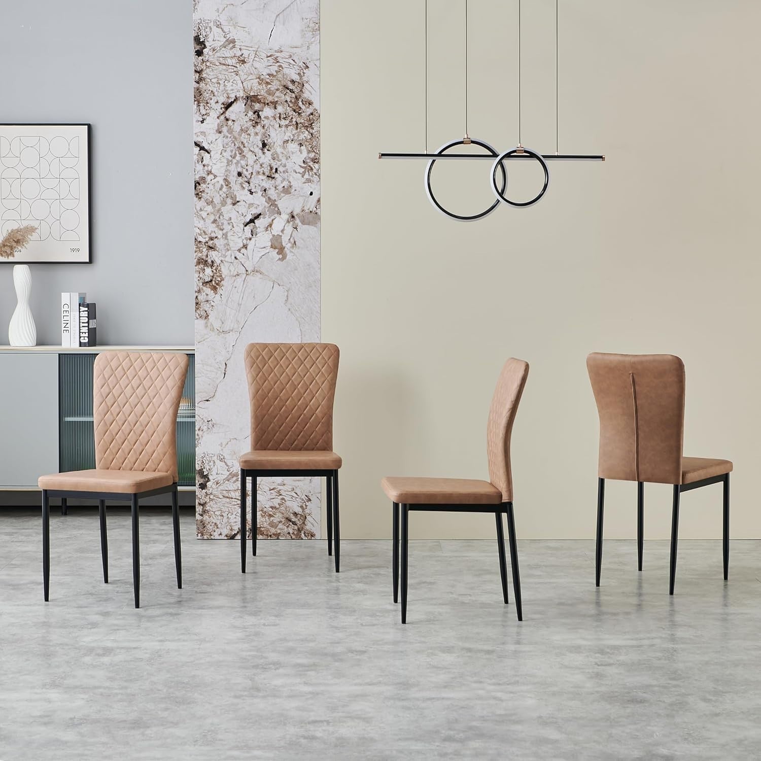 Modern Dining Table Set 6 with 6 Brown PU Leather Chairs Oak Kitchen Table