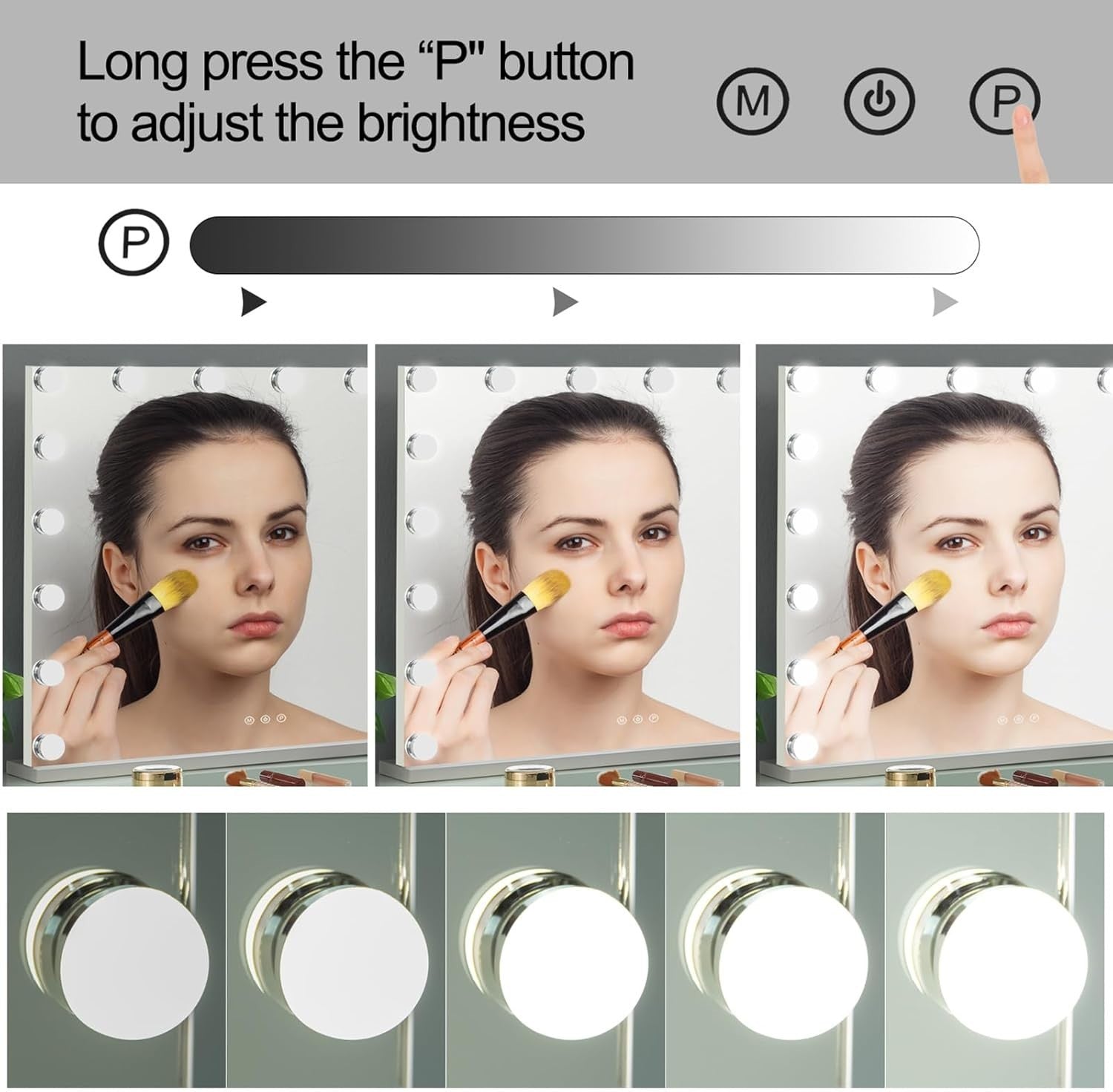 Large Vanity Mirror 80x60cm with LED Lights, Dimmable, 10X Magnifier, USB