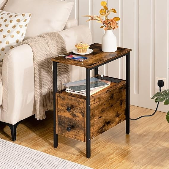 Narrow Rustic Bedside Table with Charging Station, USB Ports, 2 Drawers, Slim