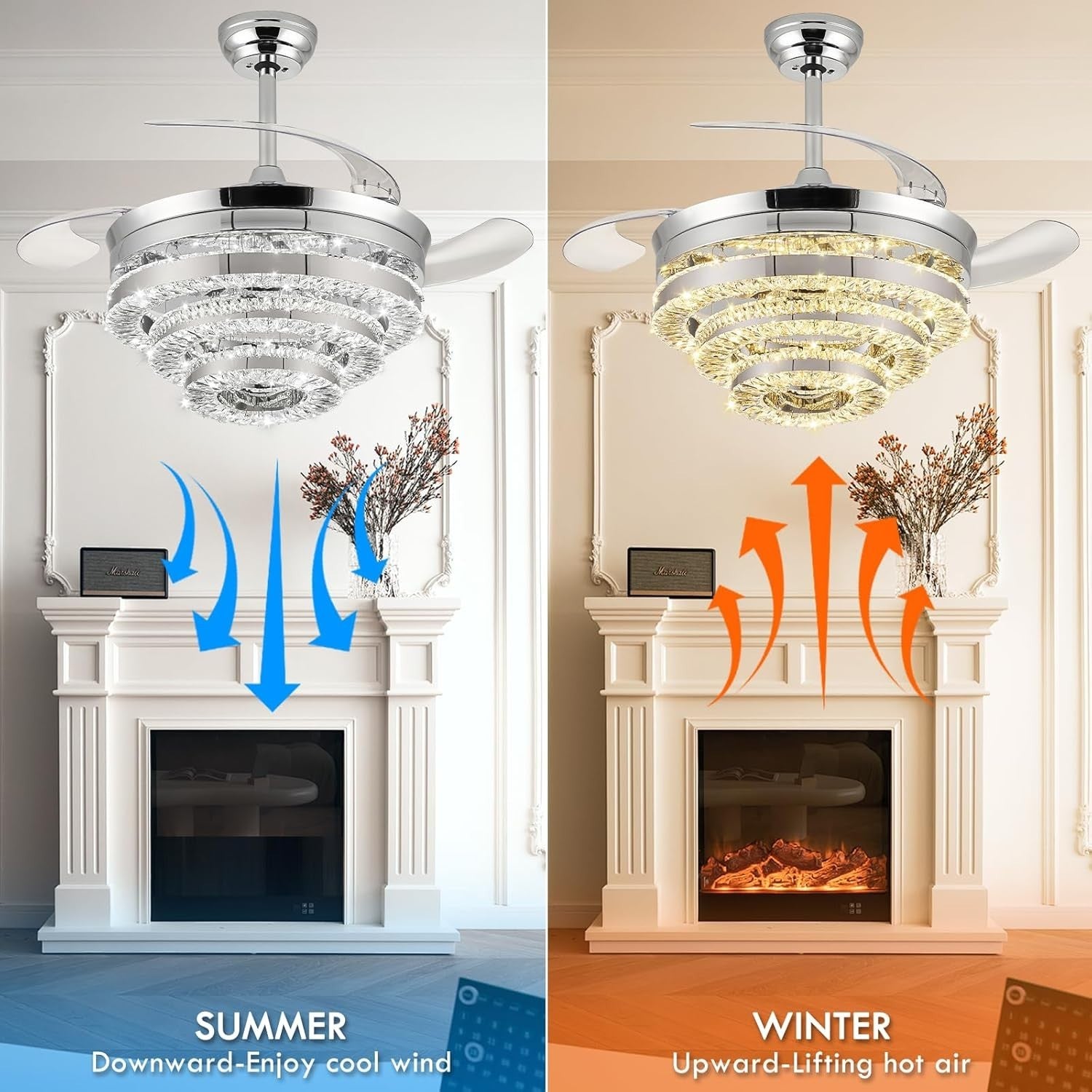 42" Crystal Ceiling Fan, 6 Speeds, Dimmable LED, Remote, Reversible