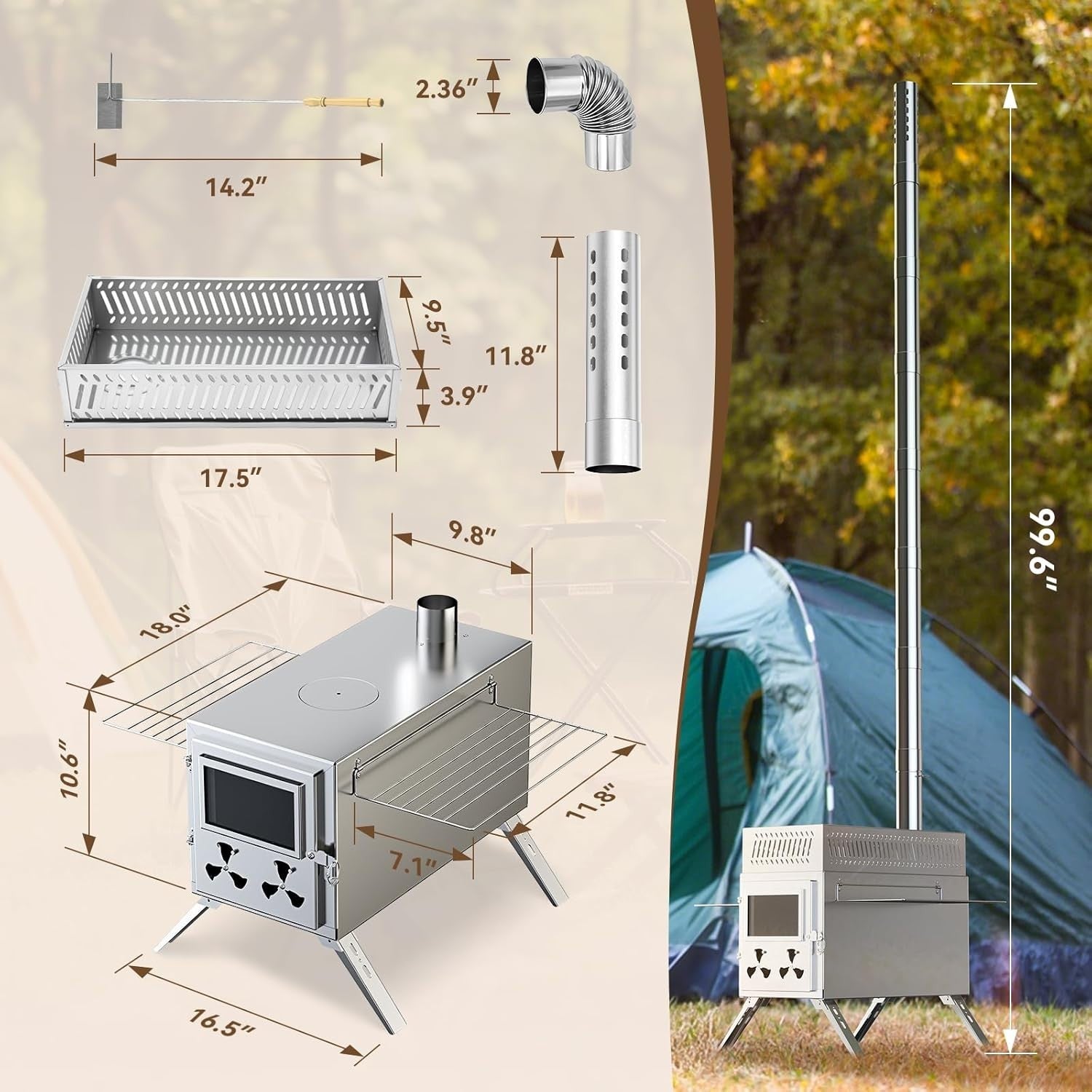 Rocket Sauna Hot Tent Stove w/ 8 Chimney Pipes – Portable Outdoor Heating & Cook