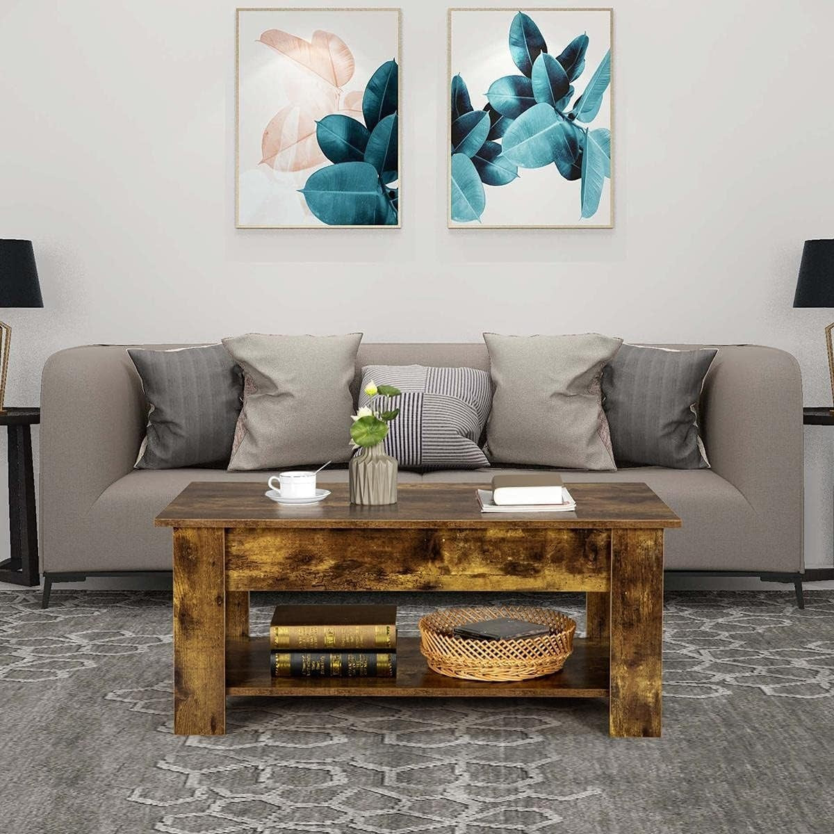 Lift Up Coffee Table with Storage Shelf – Rustic Brown, Hidden Compartment