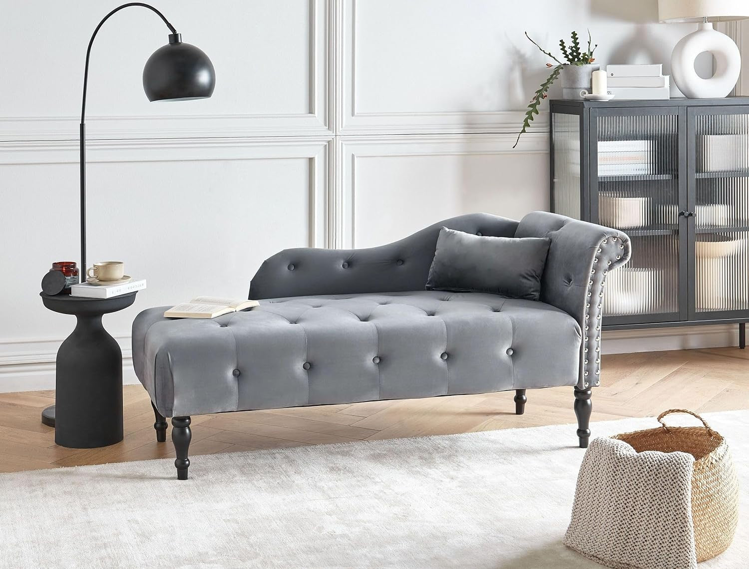 Retro Right Hand Velvet Chaise Lounge Grey Button Tufted Cushion