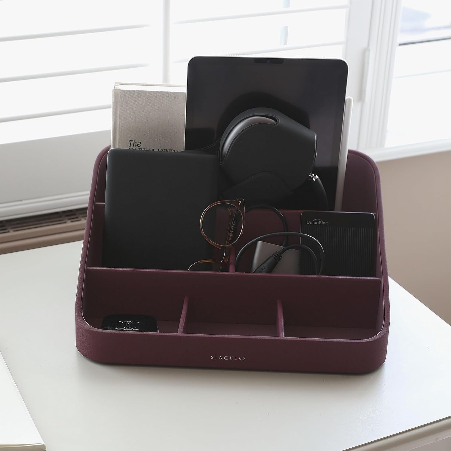 Desk Organiser 2-Tier Felt & Wood Storage Box for Stationery & Office