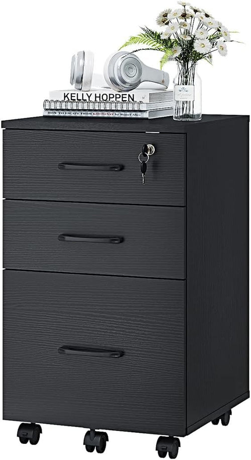 Black Mobile Filing Cabinet 3 Drawer Lockable Under Desk Storage
