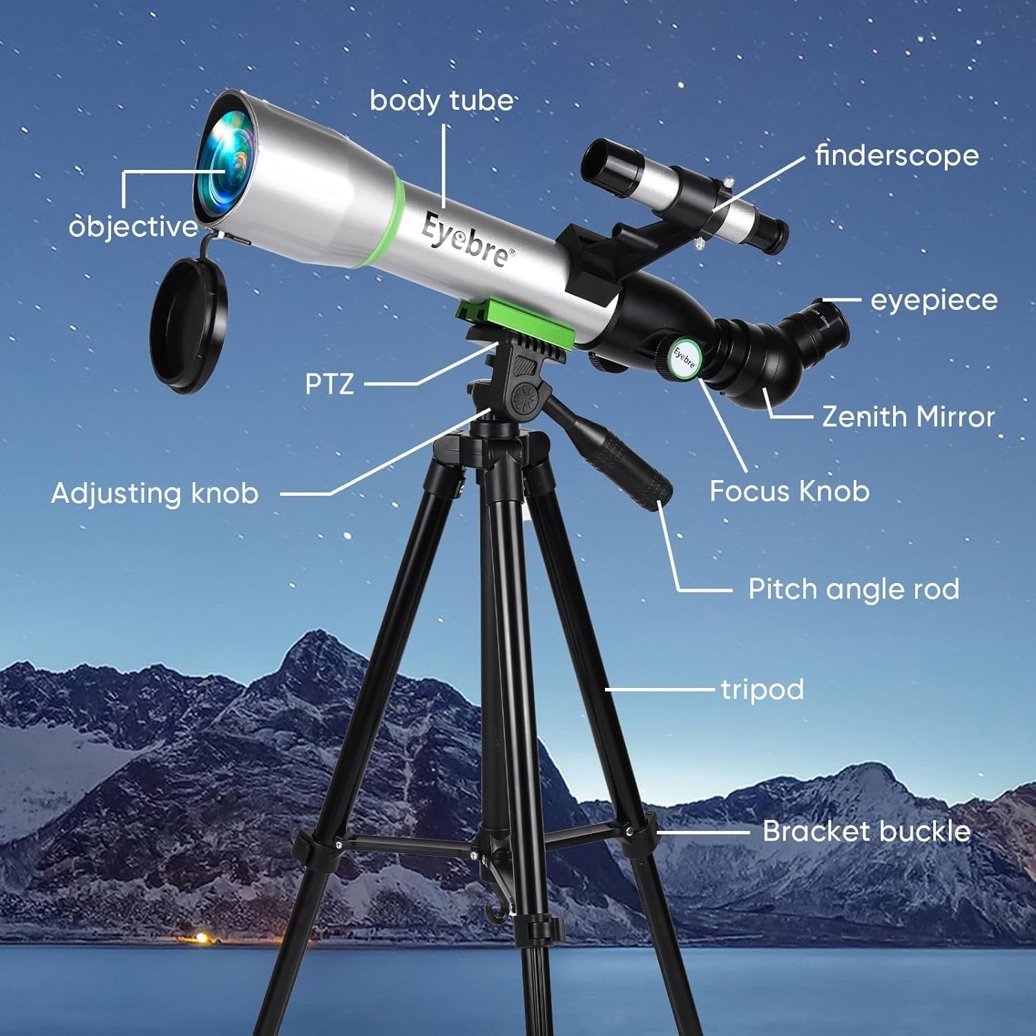 50mm Kids Telescope 20–200X Refractor with Tripod 400mm Portable Silver