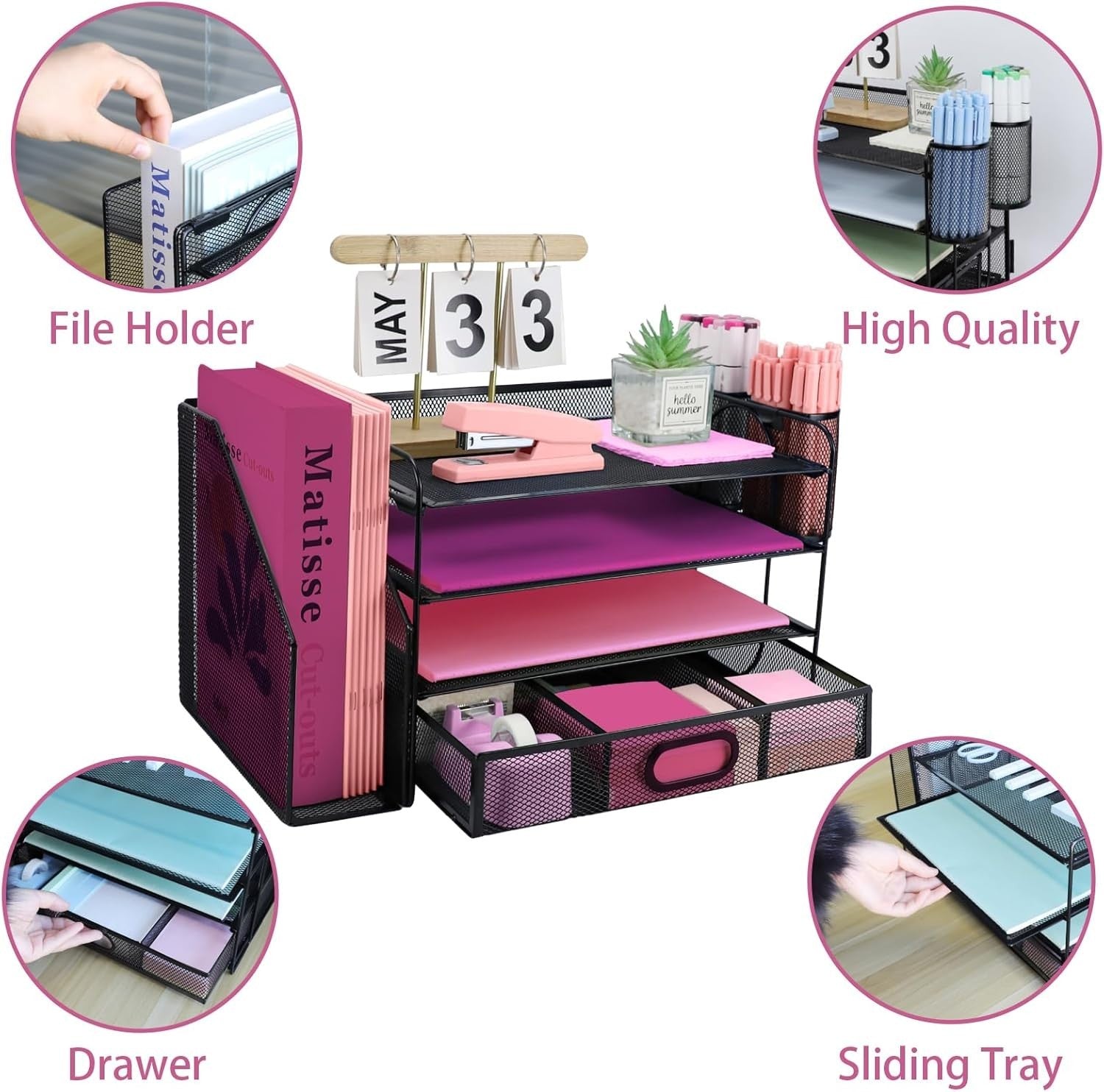 4-Tier Mesh Desk Organizer with Drawer & Pen Holders – Office File Tray