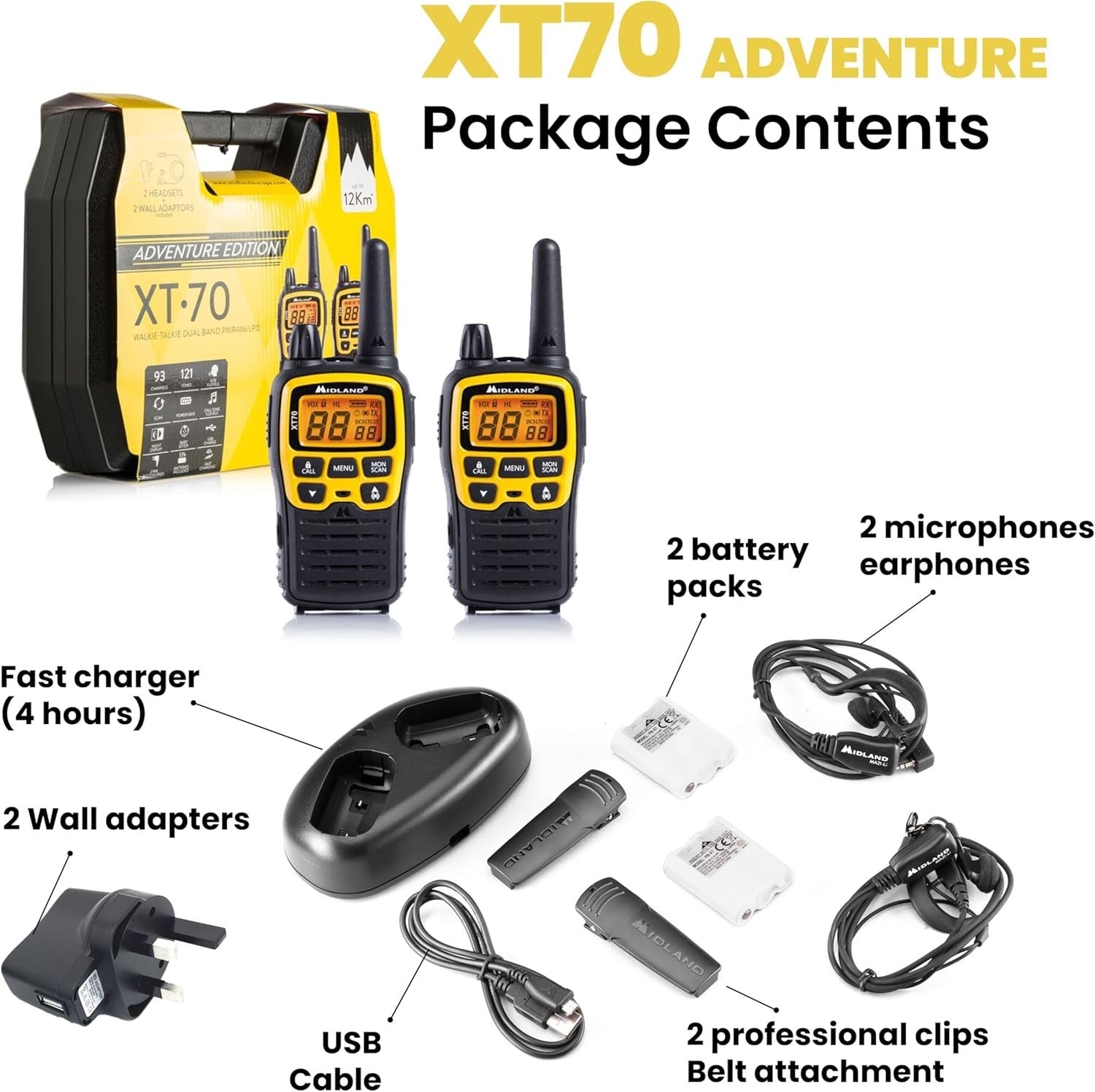 Professional Walkie Talkies 12km Dual Band Fast Charge 2 Pack Yellow