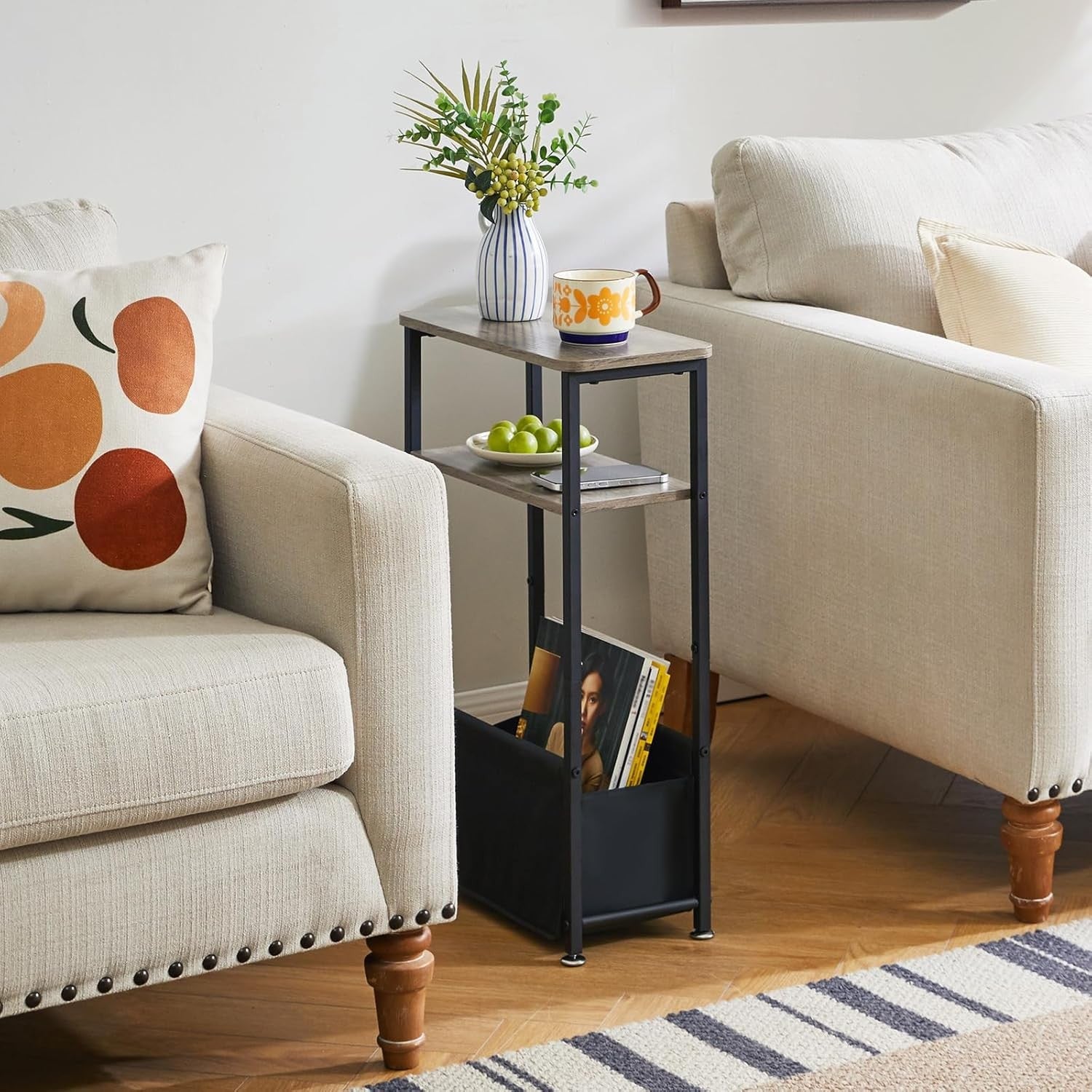 Slim 3-Tier Side Table with Storage Basket – Narrow Bedside/End Table for Small