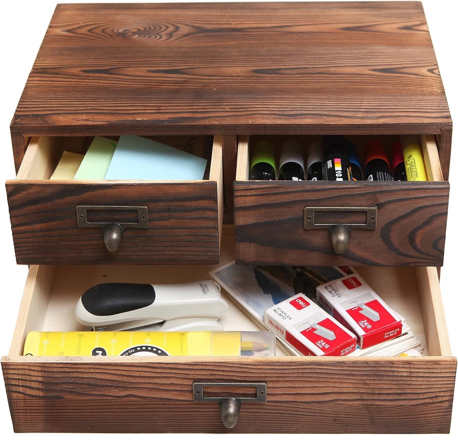 Dark Brown Wooden Desk Organizer with 3 Drawers for Office & Craft Storage