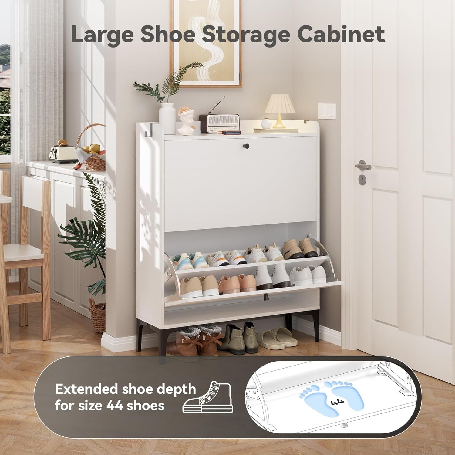 Modern White Shoe Cabinet with Flip Drawers & Adjustable Dividers 80x24x100cm