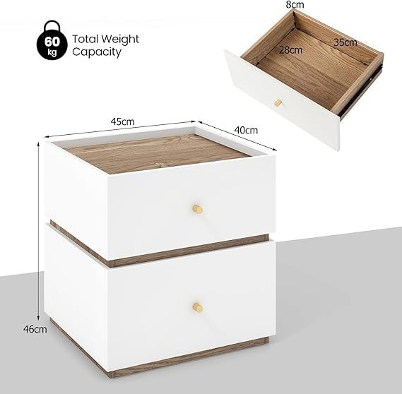 Modern White Bedside Tables Set of 2 with Drawers, Compact Wooden Nightstands