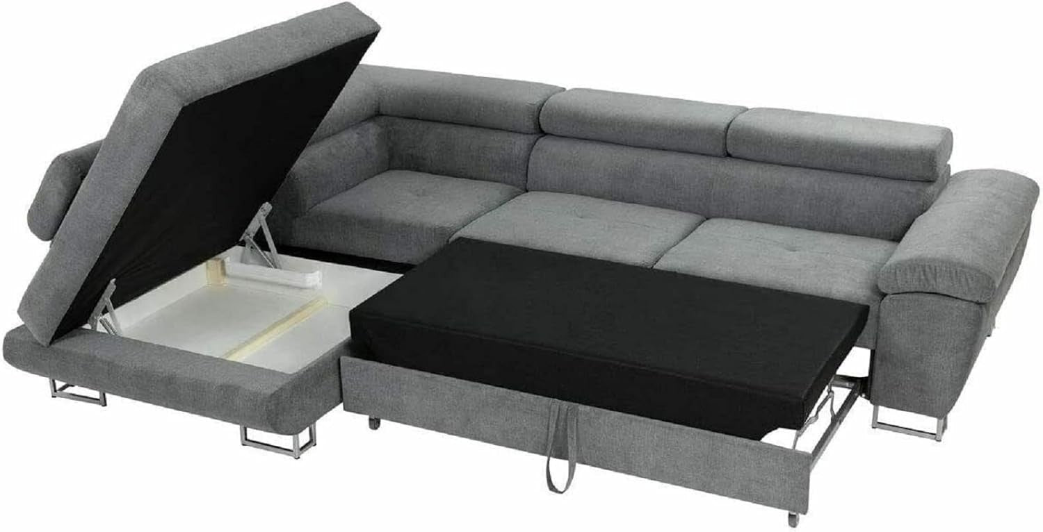 Corner Sofa Bed with Storage Grey Fabric Right Hand Facing Double Sleeper