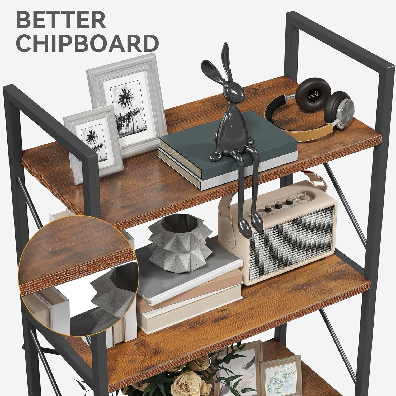 Rustic Brown 5-Tier Industrial Bookshelf Metal Frame Wood Storage Shelving