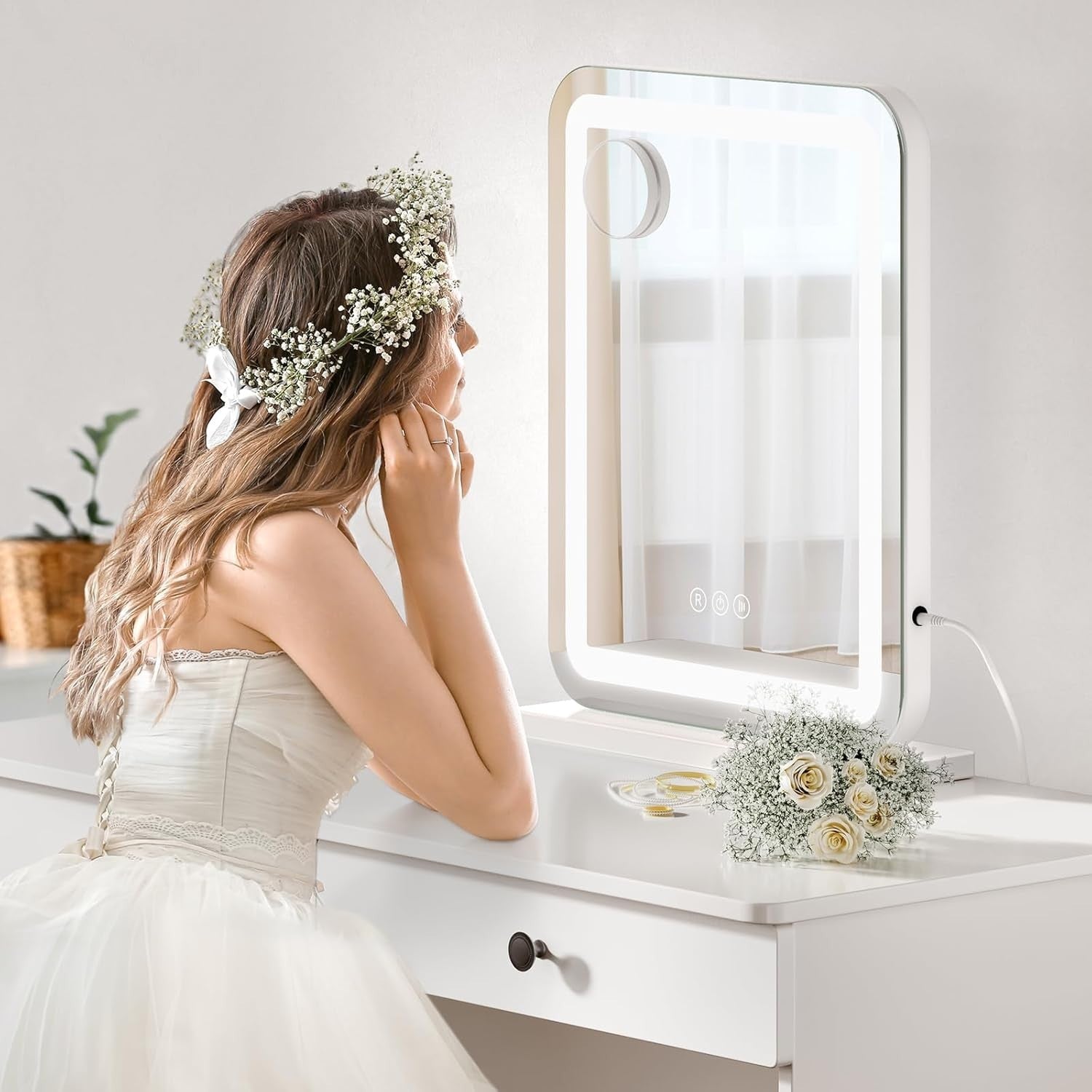 LED Vanity Mirror 50x40cm Wall/Tabletop Light Dimmable Touch 5X Magnifier