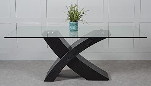 Rectangular Glass Dining Table 200cm 8-Seater Black Wood Cross Base Modern