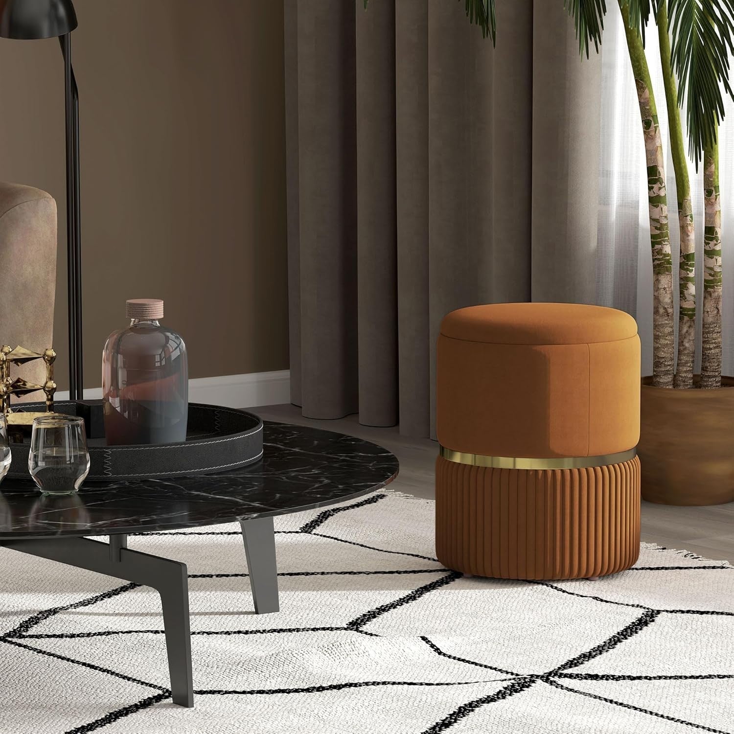 Light Brown Velvet Storage Stool Round Ottoman Padded Seat Vanity Footrest