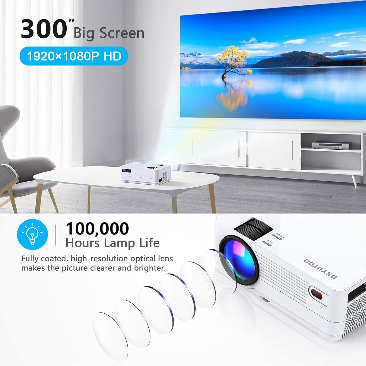 1080P WiFi Bluetooth Projector 300" Home Theater 4K Support Full HD