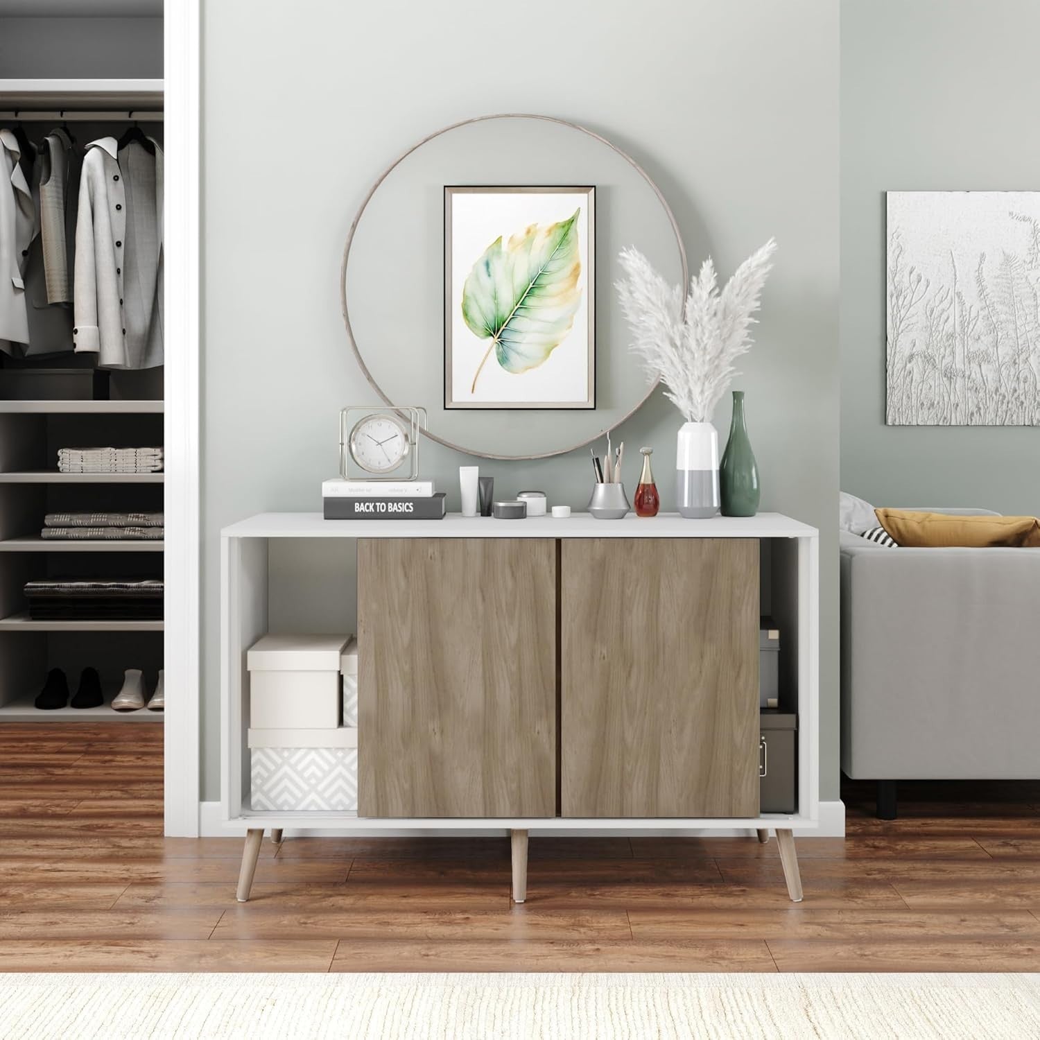 Oak Sideboard Storage Cabinet White Frame Sliding Doors Beech Legs 120cm