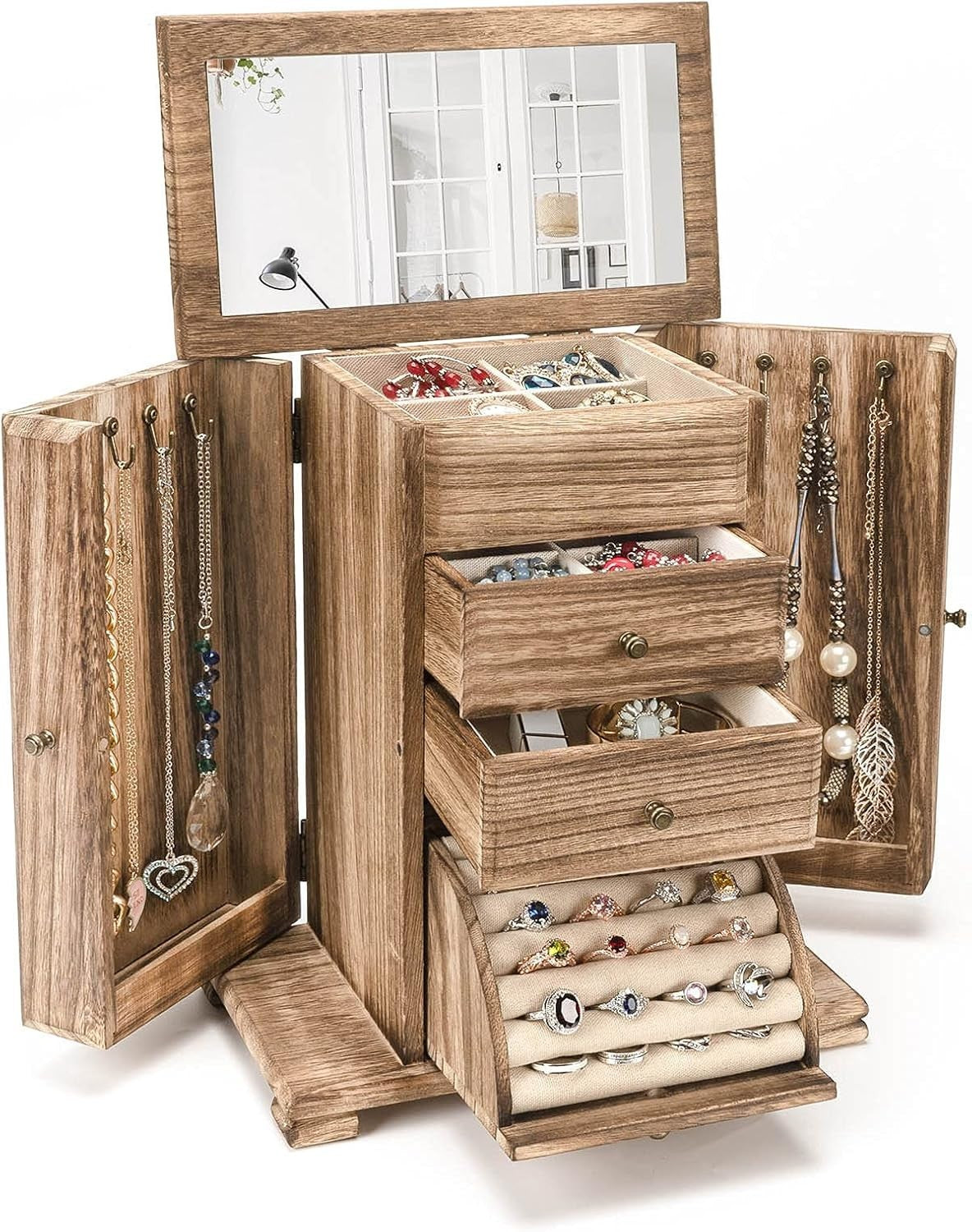 Rustic Wooden Jewelry Box Organizer with Mirror 4 Layer Storage Case