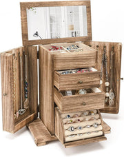 Rustic Wooden Jewelry Box Organizer with Mirror 4 Layer Storage Case