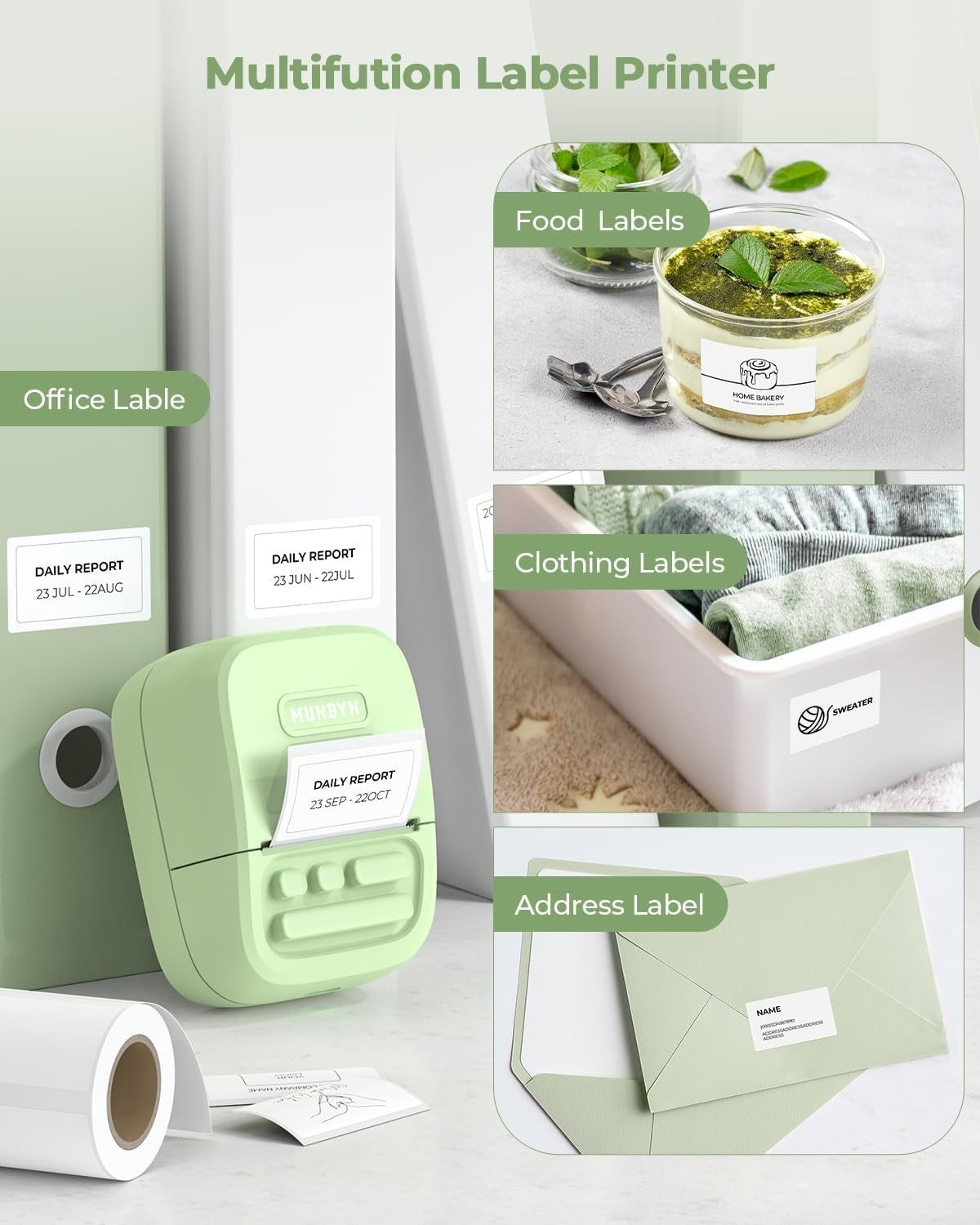 Green 2" Bluetooth Thermal Label Printer Portable for Home & Office