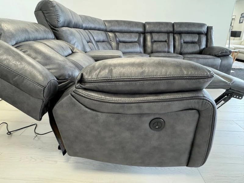Luxury Grey Leather Electric Recliner Corner Sofa w/ Cupholders & USB