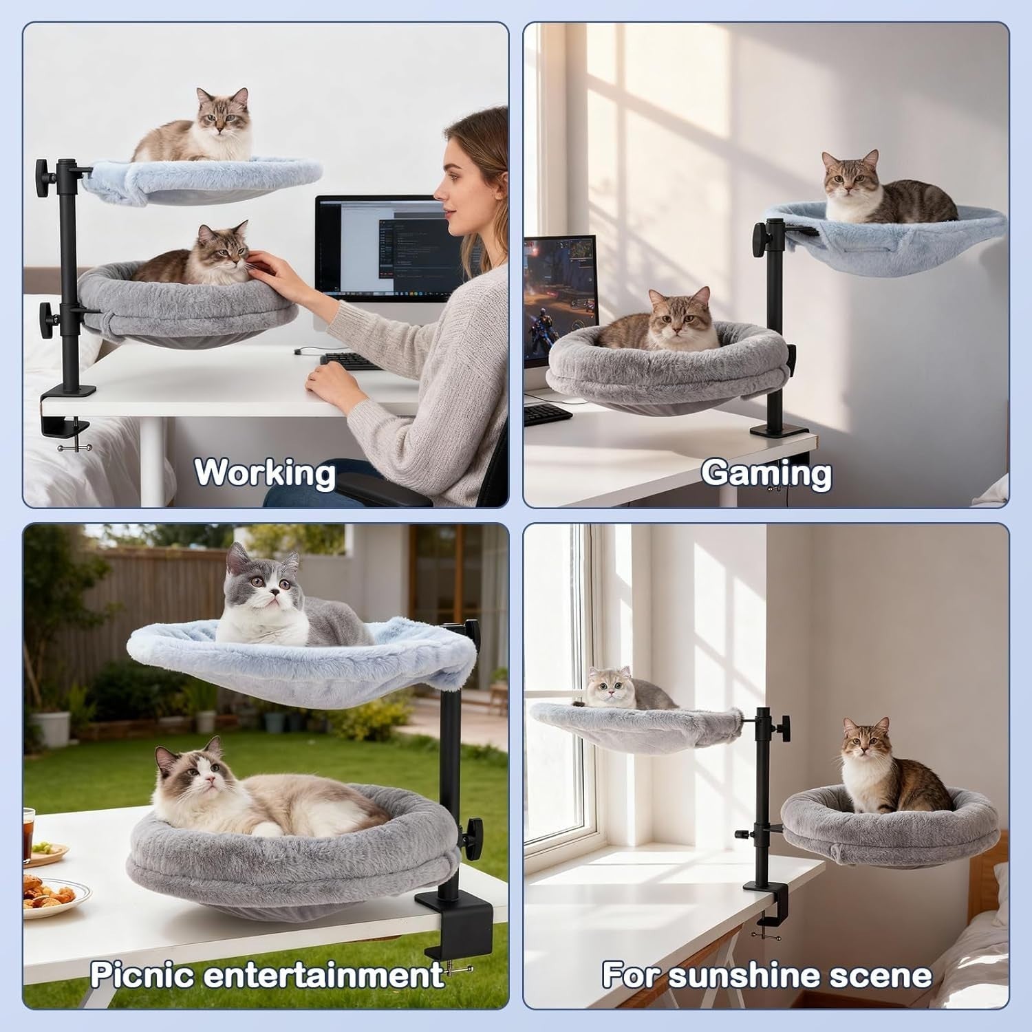 Dual Desk Cat Bed Rotating Cat Hammock for 2 Cats Adjustable Perch
