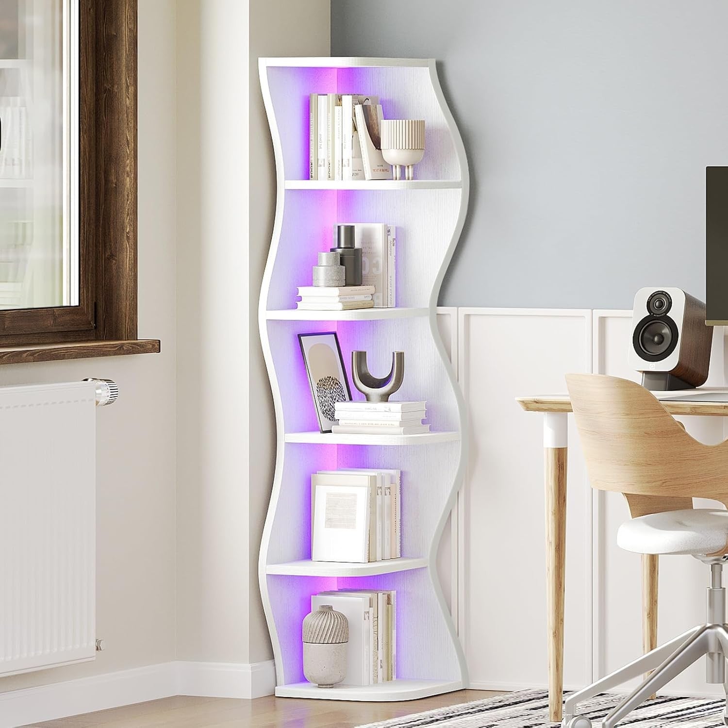 Corner LED Bookshelf White Zigzag 6-Tier Narrow Display Shelving Unit