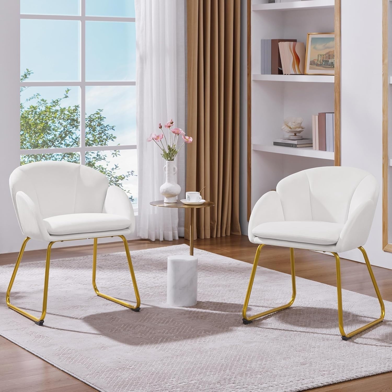 White Velvet Tub Vanity Chair Petal Accent Armchair with Gold Metal Legs