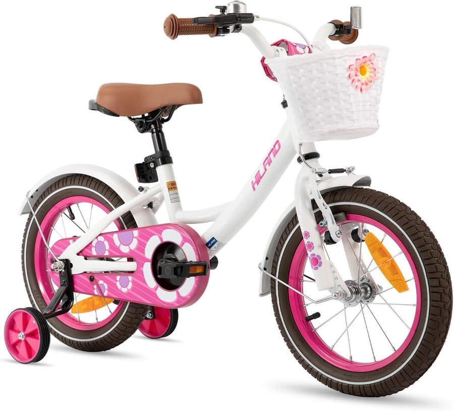 14 Inch Girls Kids Bike with Basket Stabilisers Dual Brakes Age 3-5